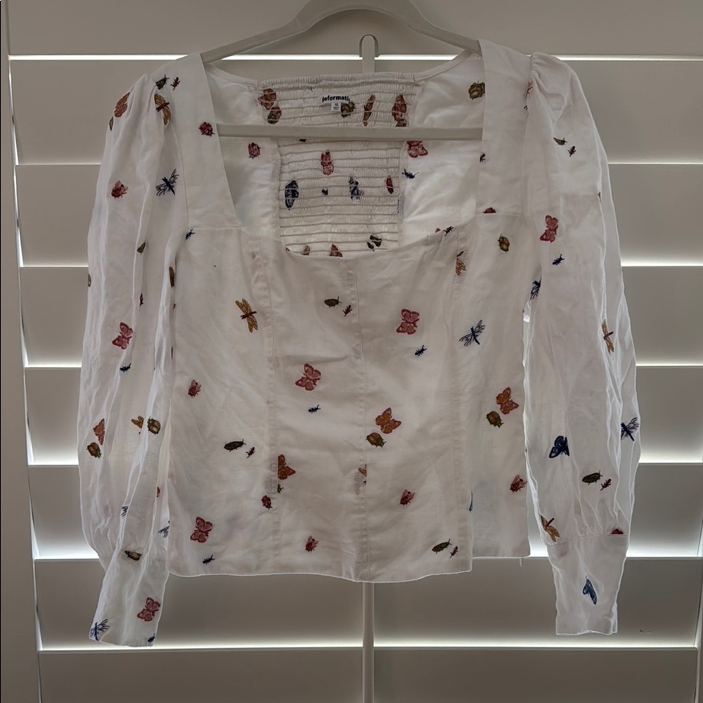Reformation White Bug Ruched Blouse
